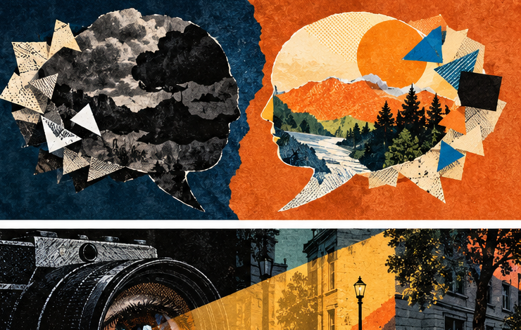 Two contrasting paper speech bubbles face each other across a vivid landscape.