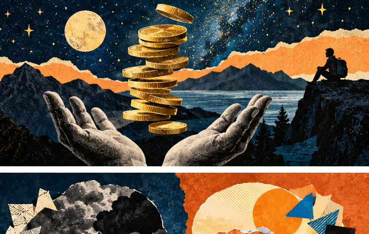 Open hands holding a floating stack of coins beneath a moonlit mountain sky.