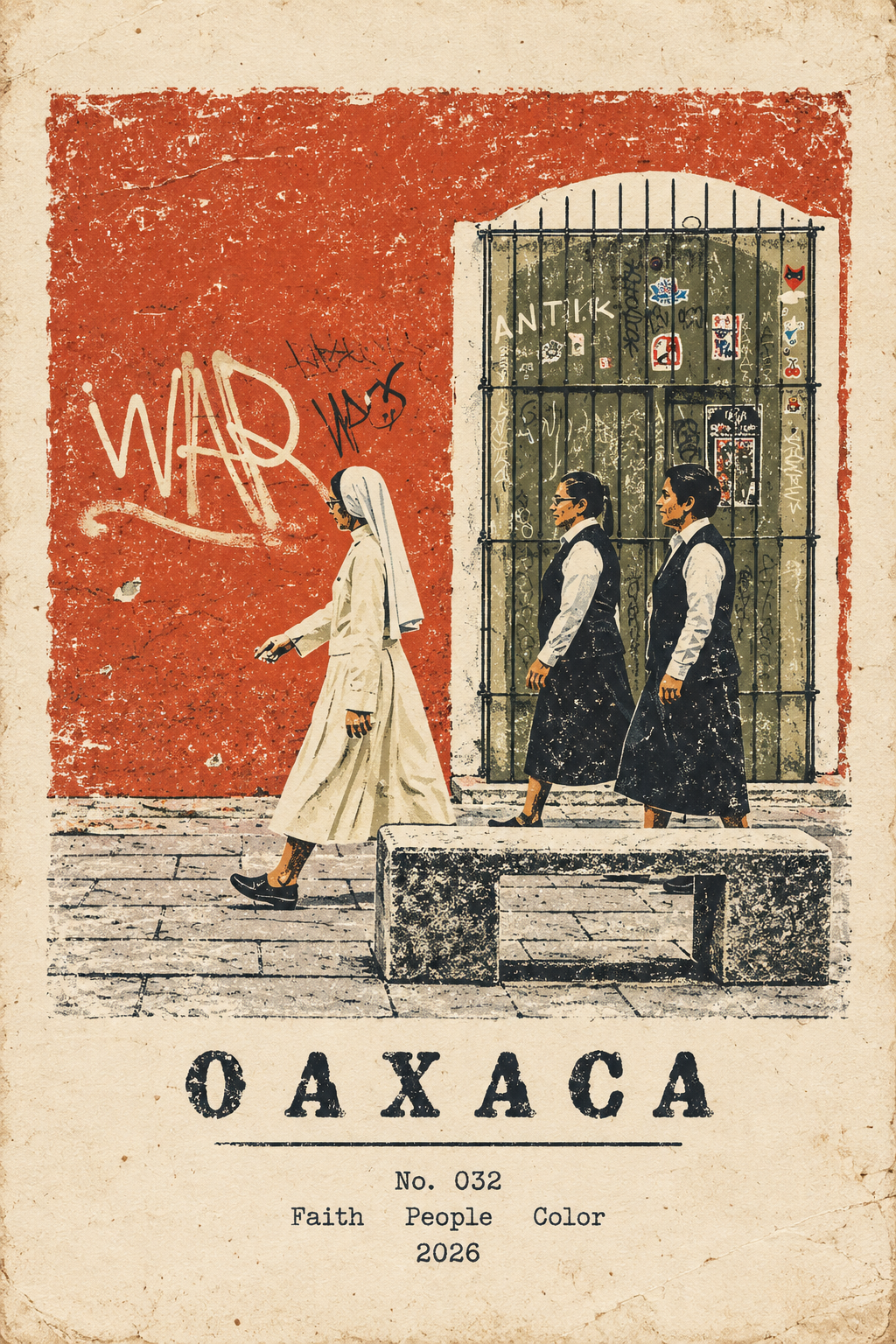 Oaxaca travel poster with a tactile rubber-stamp treatment in brick red, olive and carbon black
